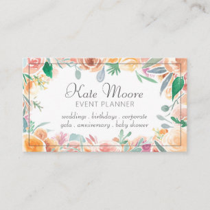 Elegant Pink Green Floral Border Event Planner Business Card