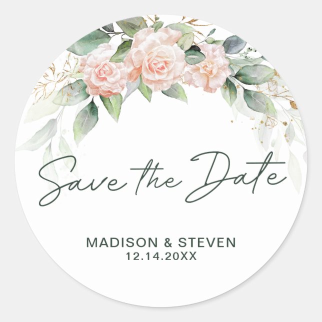 Elegant Pink Green Floral Eucalyptus Wedding  Classic Round Sticker (Front)