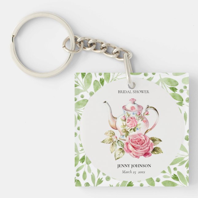 Elegant Pink Green Floral Flowers Bridal Shower Key Ring (Front)