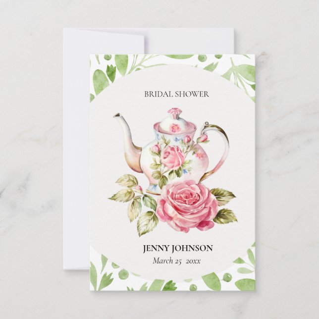 Elegant Pink Green Floral Flowers Bridal Shower RSVP Card (Front)