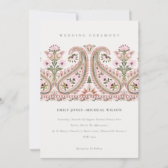 Elegant Pink Green Floral Paisley Motif Wedding Invitation (Front)