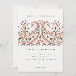 Elegant Pink Green Floral Paisley Motif Wedding Invitation
