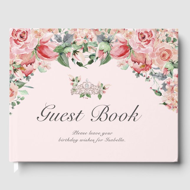Elegant Pink & Green Floral Quinceañera Guest Book (Front)