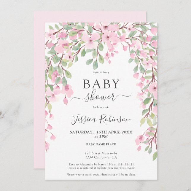 Elegant pink green floral watercolor baby shower invitation (Front/Back)
