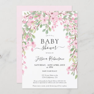 Elegant pink green floral watercolor baby shower invitation