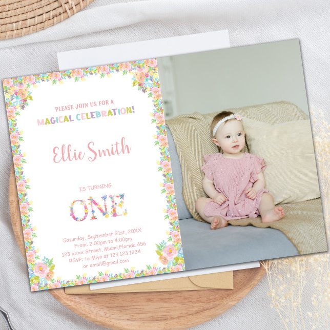 Elegant Pink & Green Garden Party for Girls Invitation (Floral Birthday Invitations with photo)