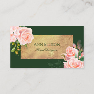 Elegant Pink Green Gold Floral Florist Roses Business Card
