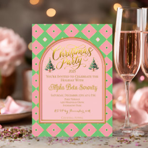 Elegant Pink & Green Harlequin Christmas Party Invitation