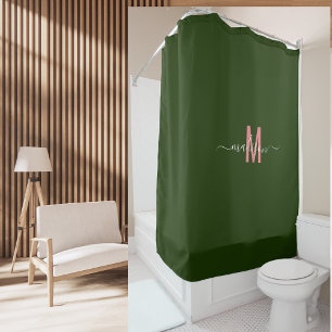 Elegant Pink Green Monogram Modern Script Custom Shower Curtain
