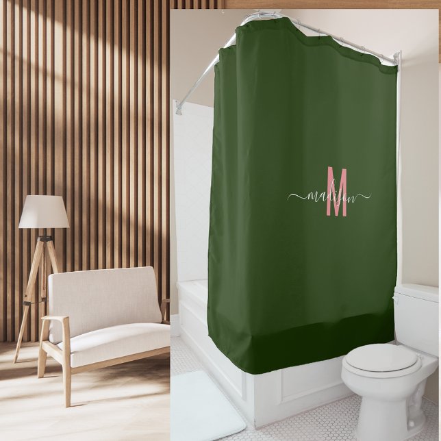 Elegant Pink Green Monogram Modern Script Custom Shower Curtain (Creator Uploaded)