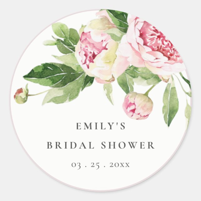 Elegant Pink Green Peony Floral Bridal Shower Classic Round Sticker (Front)