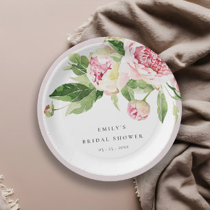Elegant Pink Green Peony Floral Bridal Shower Paper Plate