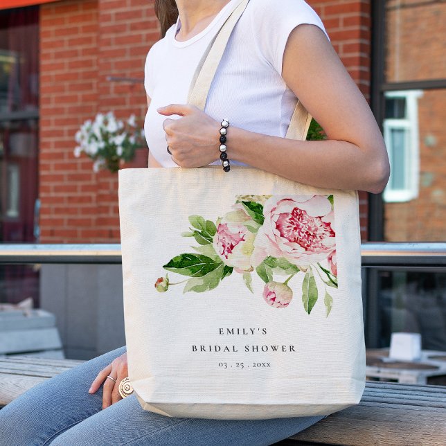 Elegant Pink Green Peony Floral Bridal Shower Tote Bag (Creator Uploaded)