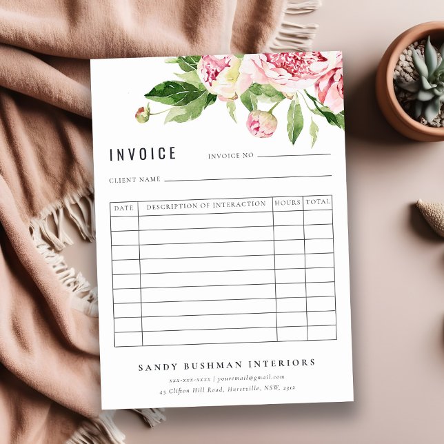 Elegant Pink Green Peony Floral Invoice Receipt Card (Creator Uploaded)