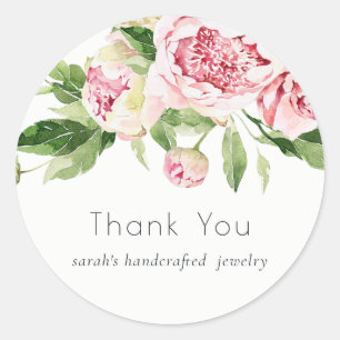 Elegant Pink Green Peony Floral Thank You Business Classic Round Sticker