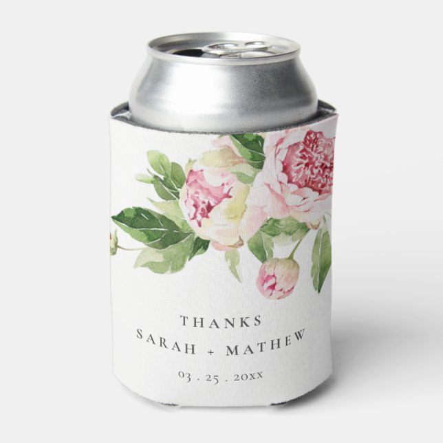 Elegant Pink Green Peony Floral Thanks Wedding  Can Cooler (Can Front)
