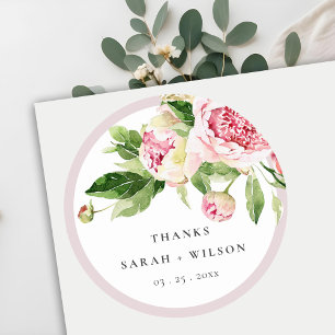 Elegant Pink Green Peony Floral Thanks Wedding Classic Round Sticker