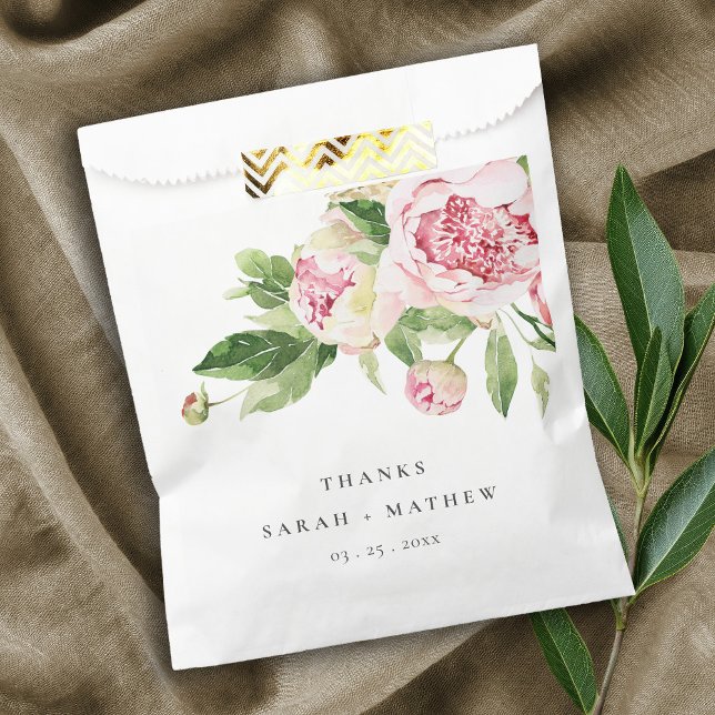 Elegant Pink Green Peony Floral Thanks Wedding Favour Bag (Creator Uploaded)