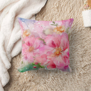 Elegant Pink Green Watercolor Floral  Cushion
