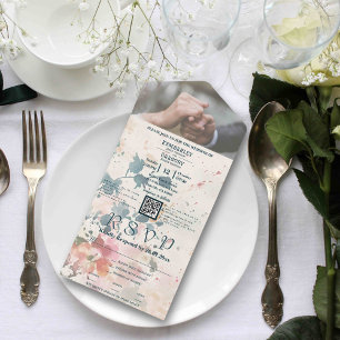 Elegant Pink Green Watercolor Floral QR Code Photo All In One Invitation