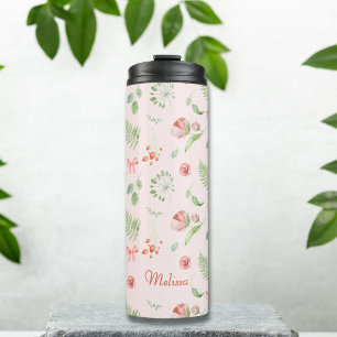 Elegant Pink Green Watercolor Floral Ribbon Thermal Tumbler
