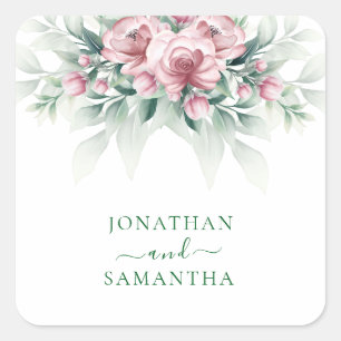 Elegant Pink Greenarry Modern Wedding Square Sticker