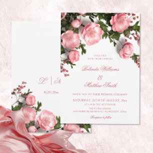 Elegant Pink Greenery 3D Roses Wedding Invitation