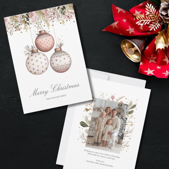 Elegant Pink Greenery Christmas Family Photo Holiday Card (pale green and blush pink mistletoe christmas greeting card)
