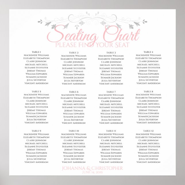 Elegant Pink & Grey 12 Table Wedding Seating Chart (Front)
