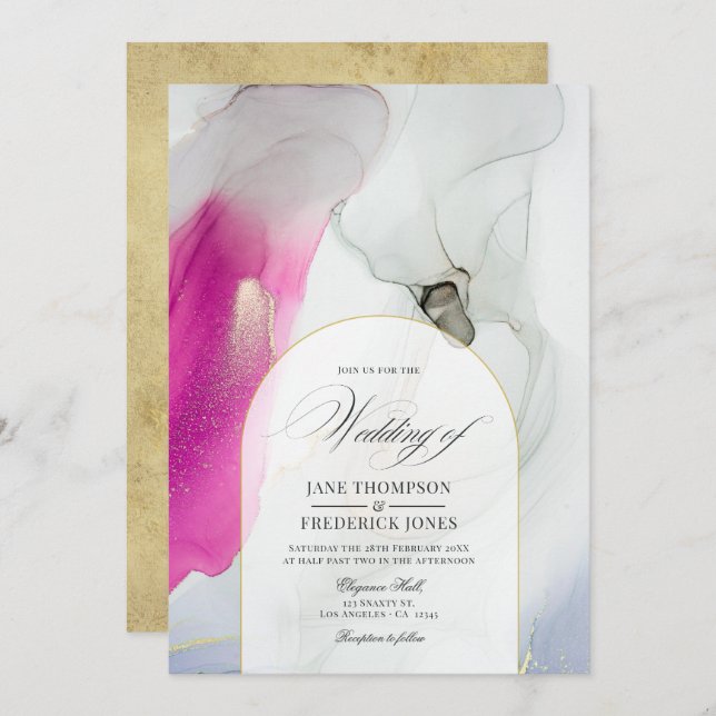 Elegant Pink, Grey, and Gold Alcohol Ink Wedding Invitation (Front/Back)