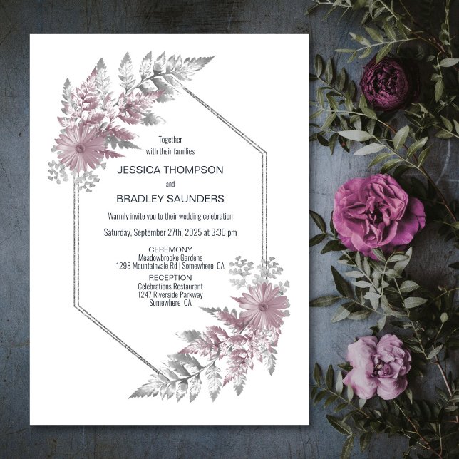 Elegant Pink Grey Botanical Wedding Invitation (Creator Uploaded)