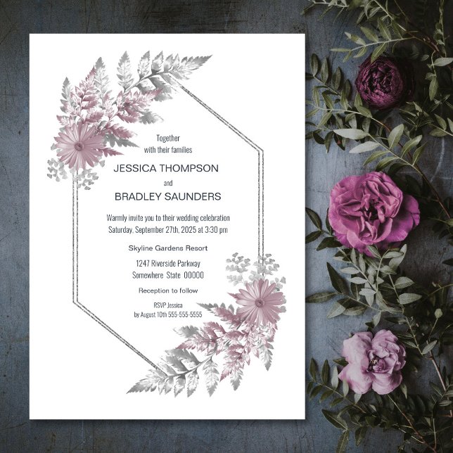 Elegant Pink Grey Botanical Wedding Invitation (Creator Uploaded)
