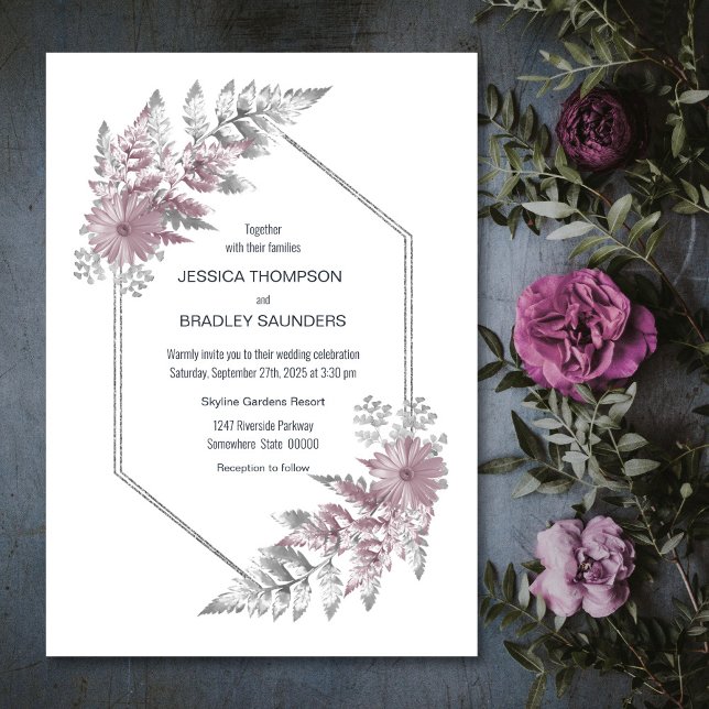 Elegant Pink Grey Botanical Wedding Invitation (Creator Uploaded)