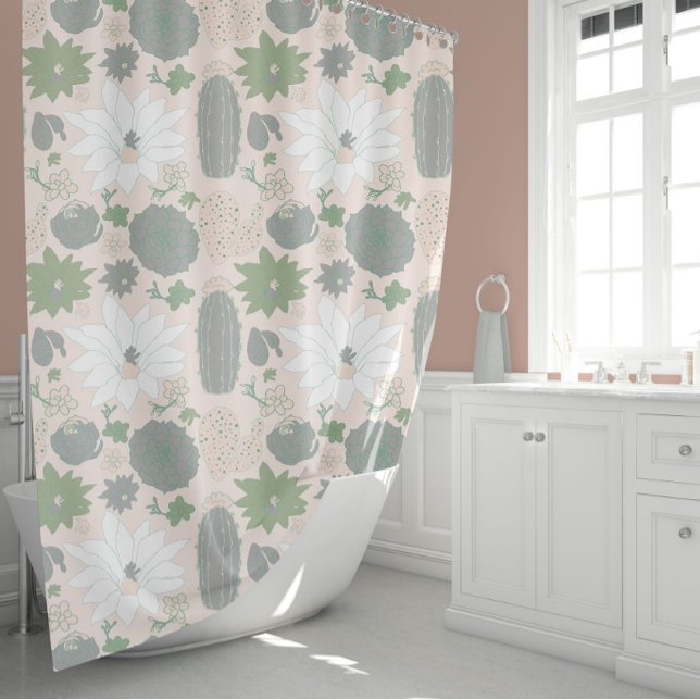 Elegant Pink Grey Cactus Succulent Floral Shower Curtain (Elegant Pink Gray Cactus Succulent Floral Shower Curtain from Studio Posies.)