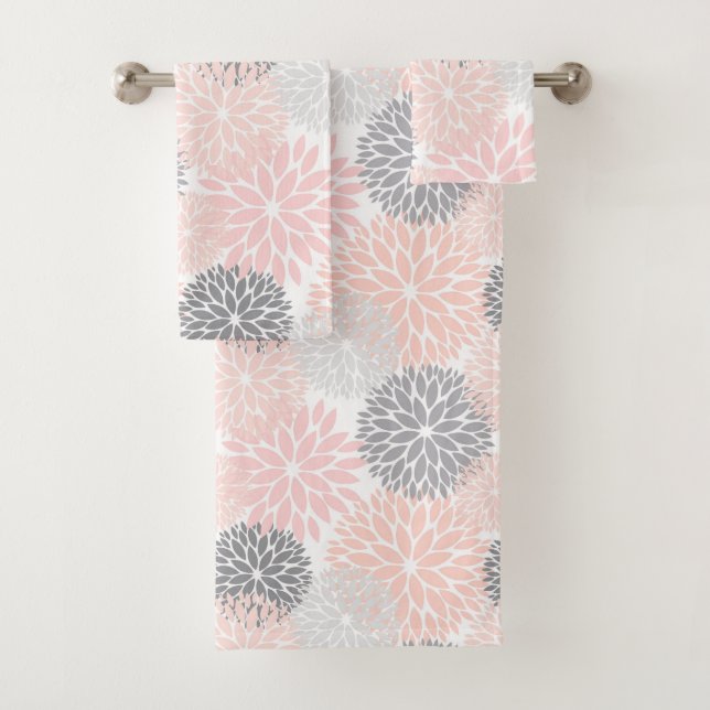 Elegant Pink Grey Dahlia Floral Bath Towel Set (Insitu)