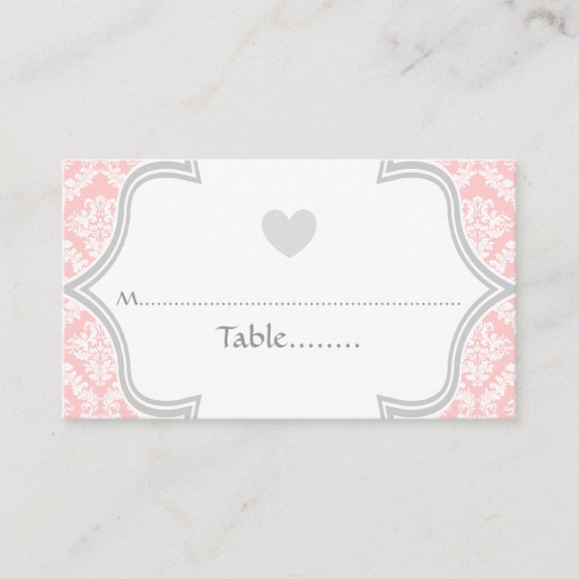 Elegant pink, grey damask wedding place card (Front)