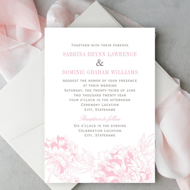 Elegant Pink Grey Floral Peony Wedding Invitation (Creator Uploaded)