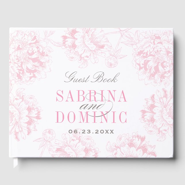 Elegant Pink Grey Floral Peony Wedding Monogram Guest Book (Front)