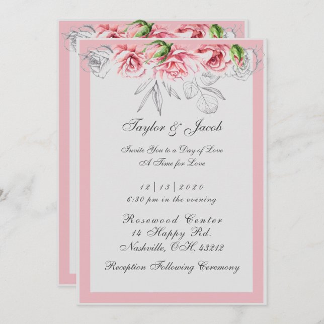 Elegant Pink & Grey Floral Script Wedding Invitation (Front/Back)