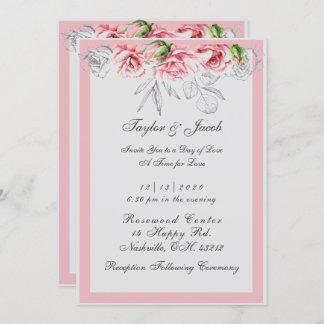 Elegant Pink & Grey Floral Script Wedding Invitation