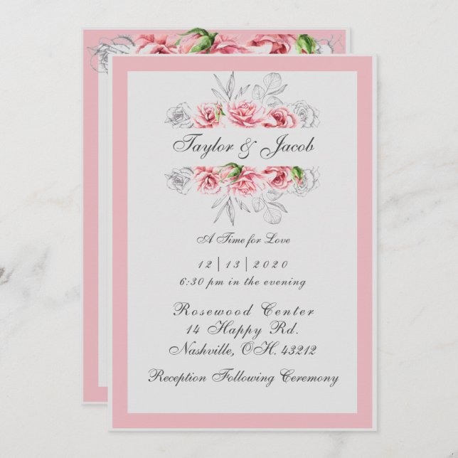 Elegant Pink Grey Floral Script Wedding Invitation (Front/Back)