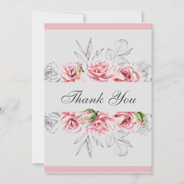 Elegant Pink Grey Floral Script Wedding Thank You Card (Front)