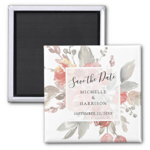 Elegant Pink Grey Floral Watercolor Save the Date Magnet