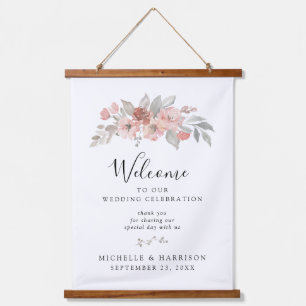 Elegant Pink Grey Floral Watercolor Wedding Hanging Tapestry