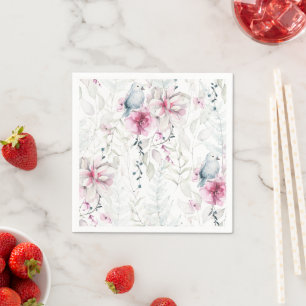 Elegant Pink Grey Floral White Dove Wedding Napkin