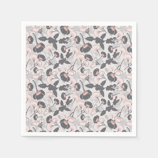 Elegant Pink Grey Flowers Napkin (Front)