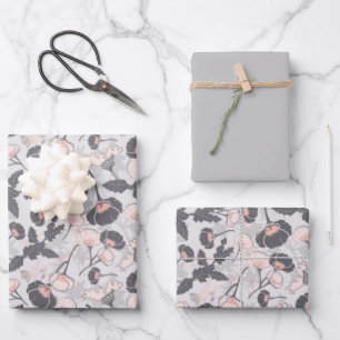  Elegant Pink Grey Flowers Wrapping Paper Sheet