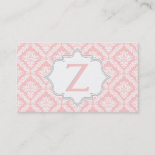 Elegant pink, grey, ivory damask pattern monogram business card