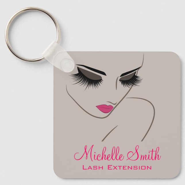 Elegant Pink Grey Lash Extension Beauty Salon QR Key Ring (Front)