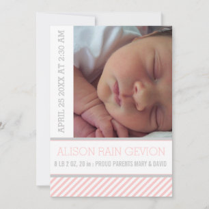 Elegant pink, grey striped baby girl birth announcement